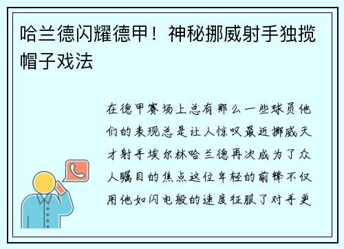 哈兰德闪耀德甲！神秘挪威射手独揽帽子戏法