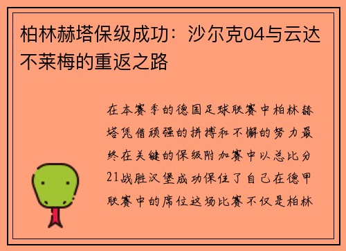 柏林赫塔保级成功：沙尔克04与云达不莱梅的重返之路