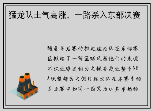 猛龙队士气高涨，一路杀入东部决赛