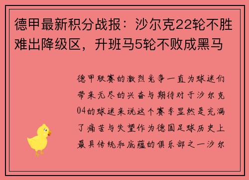 德甲最新积分战报：沙尔克22轮不胜难出降级区，升班马5轮不败成黑马