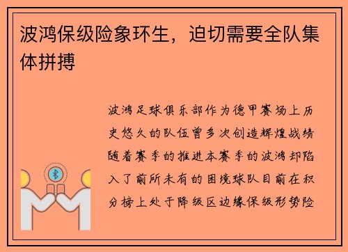 波鸿保级险象环生，迫切需要全队集体拼搏