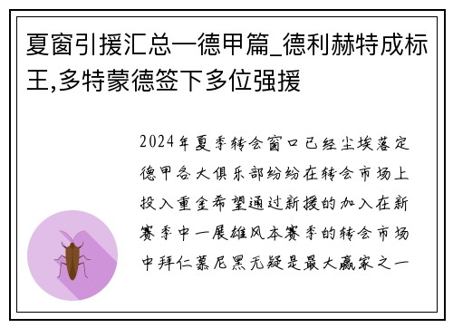 夏窗引援汇总—德甲篇_德利赫特成标王,多特蒙德签下多位强援