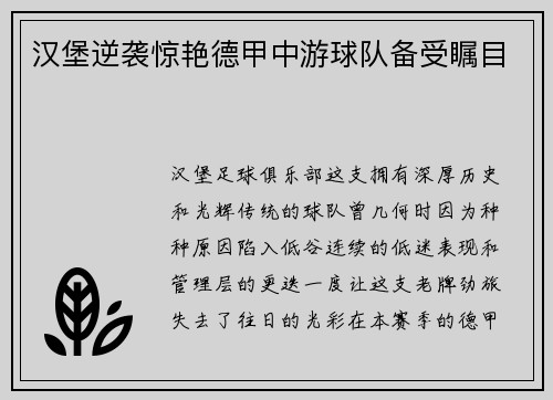 汉堡逆袭惊艳德甲中游球队备受瞩目