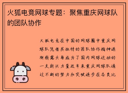 火狐电竞网球专题：聚焦重庆网球队的团队协作