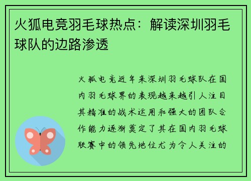 火狐电竞羽毛球热点：解读深圳羽毛球队的边路渗透