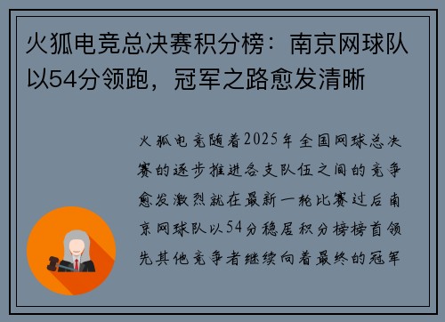 火狐电竞总决赛积分榜：南京网球队以54分领跑，冠军之路愈发清晰