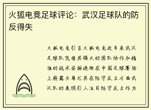 火狐电竞足球评论：武汉足球队的防反得失