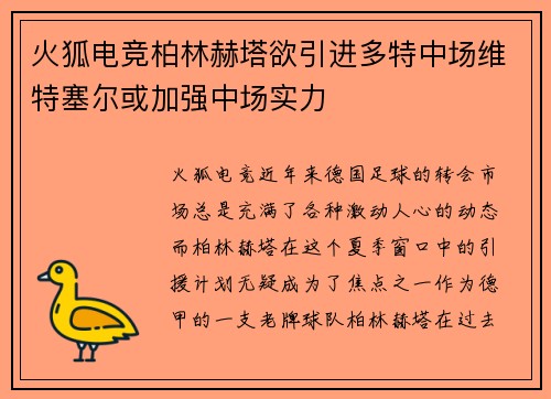 火狐电竞柏林赫塔欲引进多特中场维特塞尔或加强中场实力