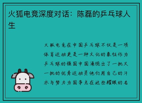 火狐电竞深度对话：陈磊的乒乓球人生