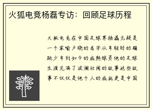 火狐电竞杨磊专访：回顾足球历程