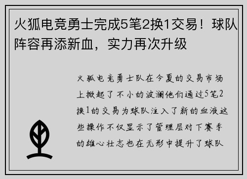 火狐电竞勇士完成5笔2换1交易！球队阵容再添新血，实力再次升级